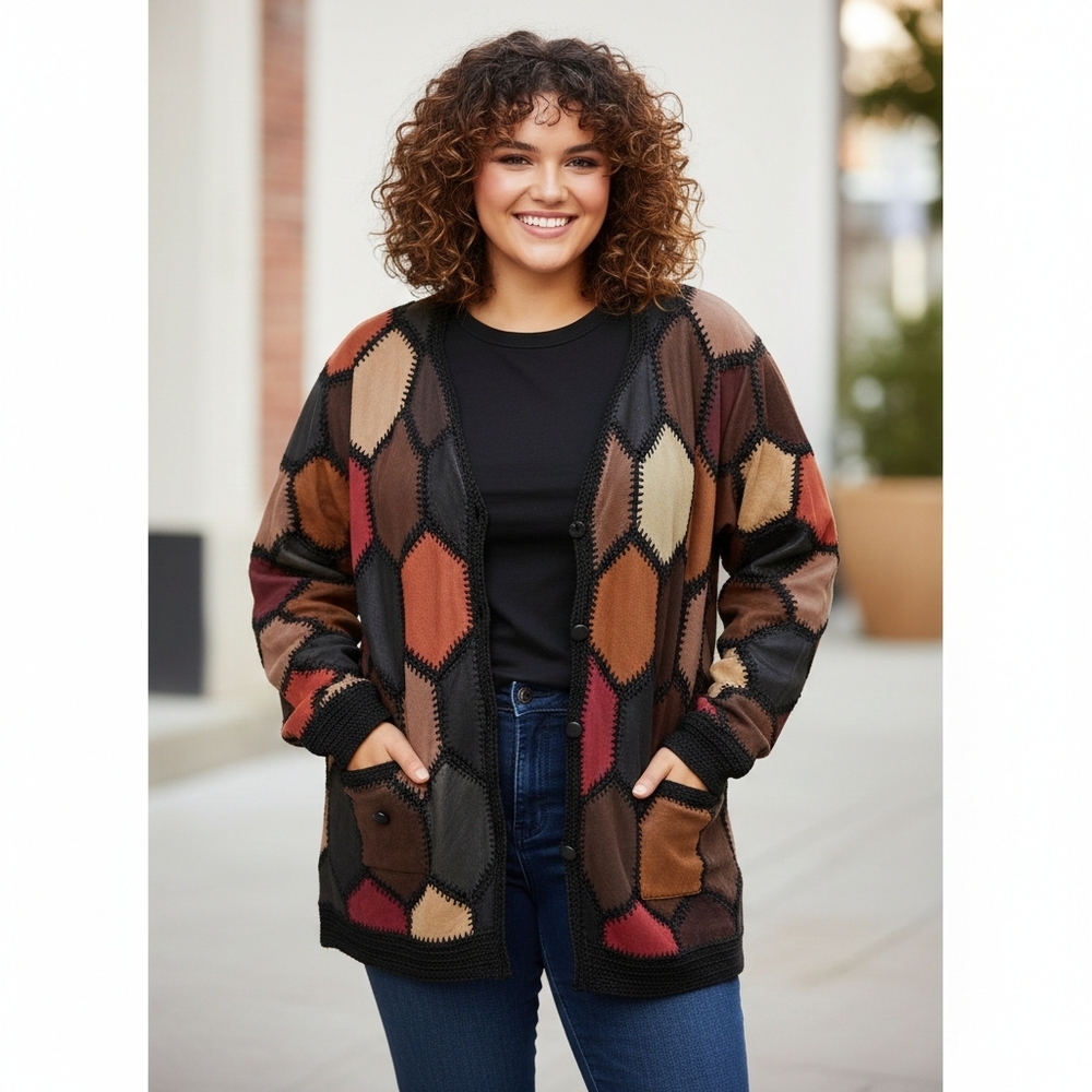 Vintage 1980’s Suede Leather patchwork‎ crochet multicolour cardigan